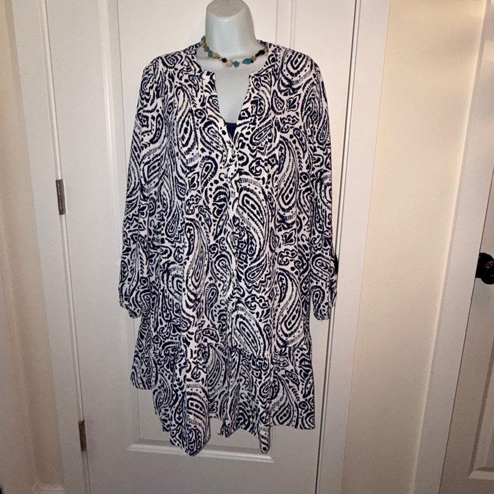 Tahari navy and white Paisley dress